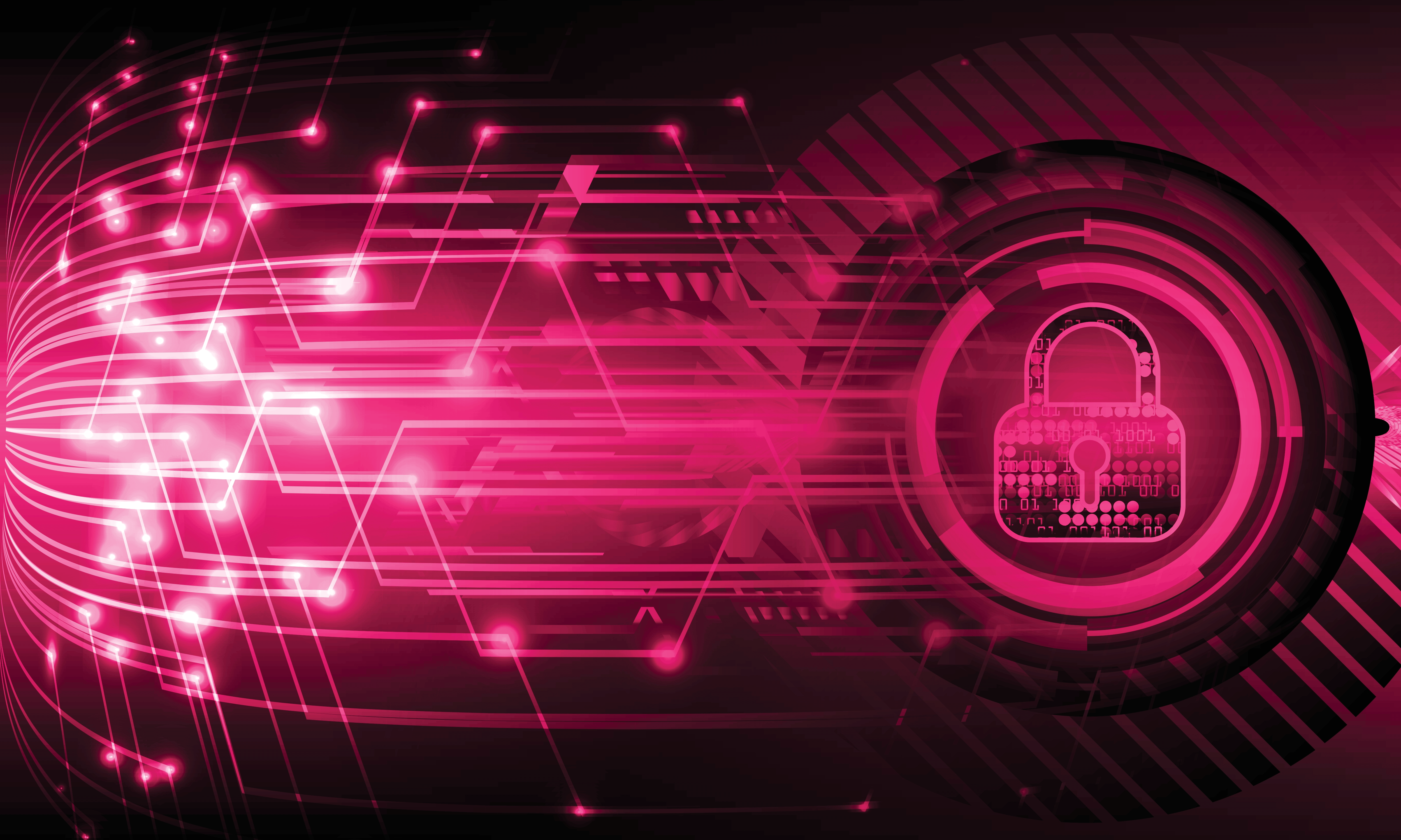 stylised bright pink image of a padlock and internet data