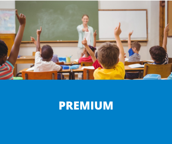 Female teacher at front of a class of children with the word 'premium' displayed