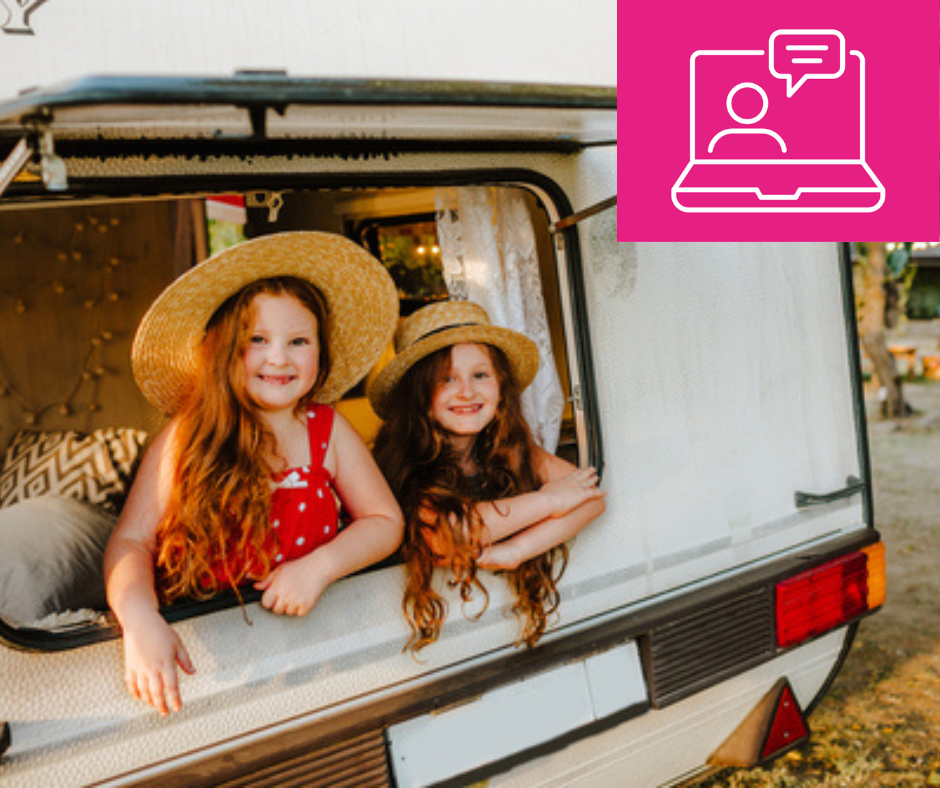 photo of two girls looking out of a caravan window plus the pink online learning icon in the top right corner