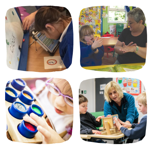 4 images showing children using sensory equipment, British Sign Language and multi-sensory keyboard 